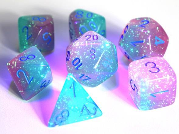 Chessex Lab Dice 3 Gemini: Poly Luminary Gel Green/Pink/Blue (7)